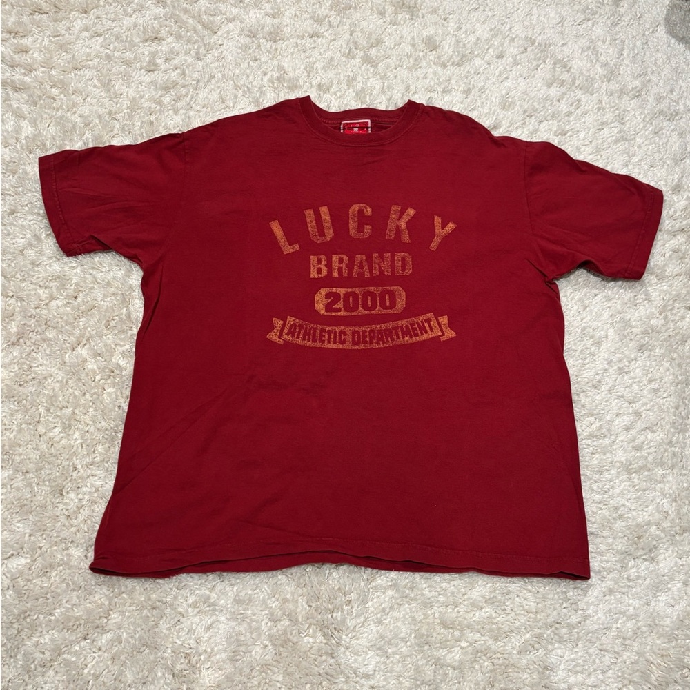 Red Lucky Brand Graphic T-shirt with LUCKY BRAND 2000 ATHLETIC DEPARTMENT Sz L